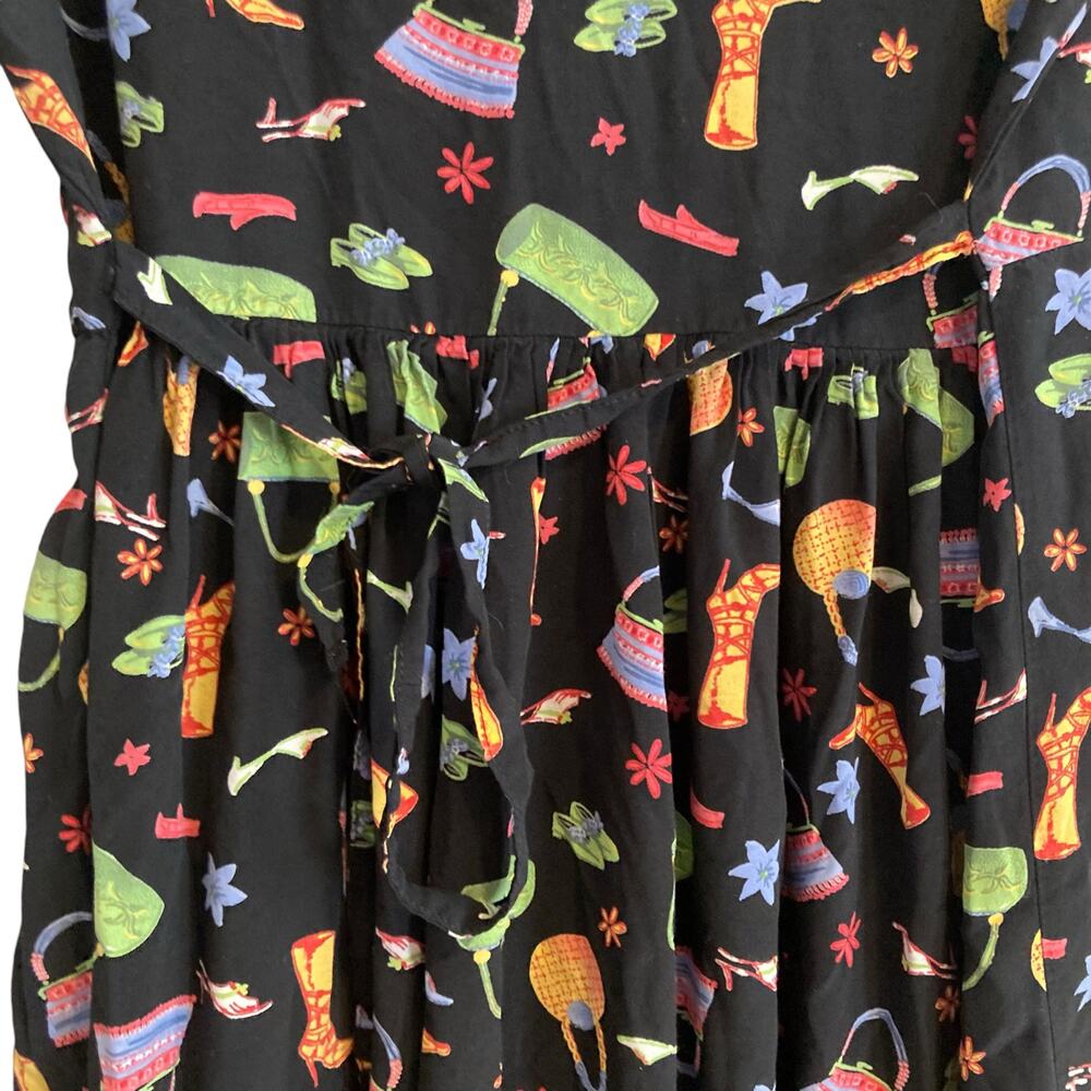 Vintage Y2K Coldwater Creek Black A-Line Dress Whimsical Print Sz Small Rayon - Picture 11 of 16